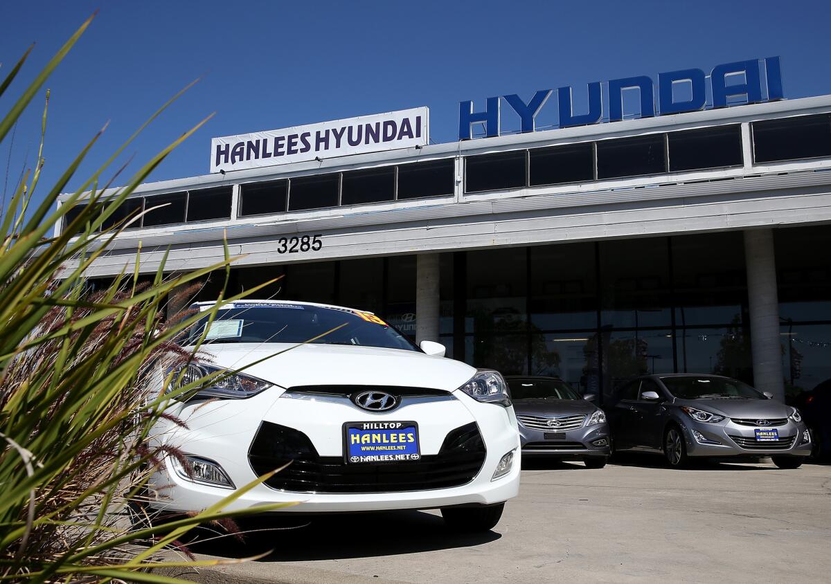 New Hyundai cars sit on a sales lot in Richmond, Calif. According to a report by the Union of Concerned Scientists, Hyandai-Kia is the greenest automobile manufacturer, taking the top spot from Honda, which had held the No. 1 position since the scientists started the rankings.