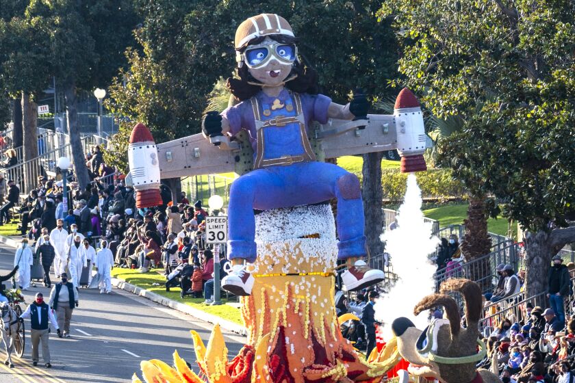 PASADENA, CA - January 1: AMERICAN HONDA "Believe and Achieve" artistic entertainment services float the 133rd Rose Parade on Saturday, January 1, 2022 in Pasadena, CA. The 2021 Rose Parade was canceled because of the coronavirus pandemic. (Francine Orr / Los Angeles Times)