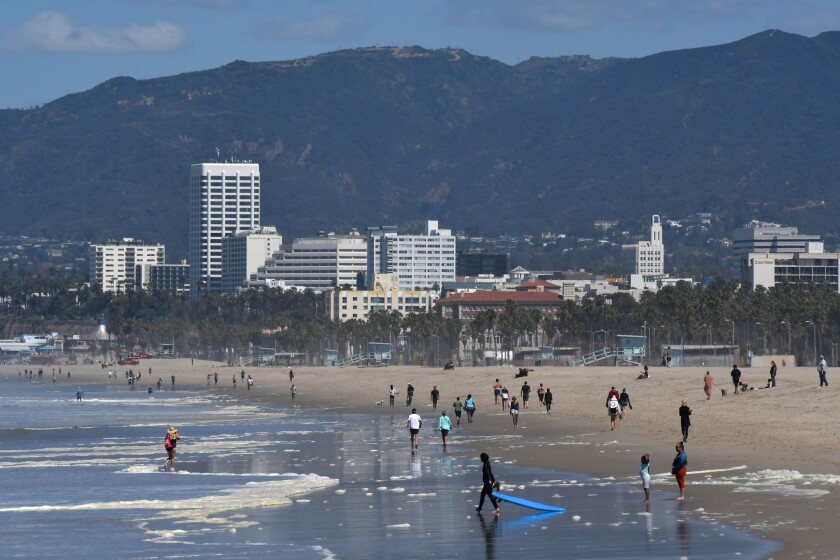 This was the view north from Venice Beach toward Santa Monica on Wednesday morning, as L.A. County reopened its beaches after a closure of several weeks amid the coronavirus pandemic.