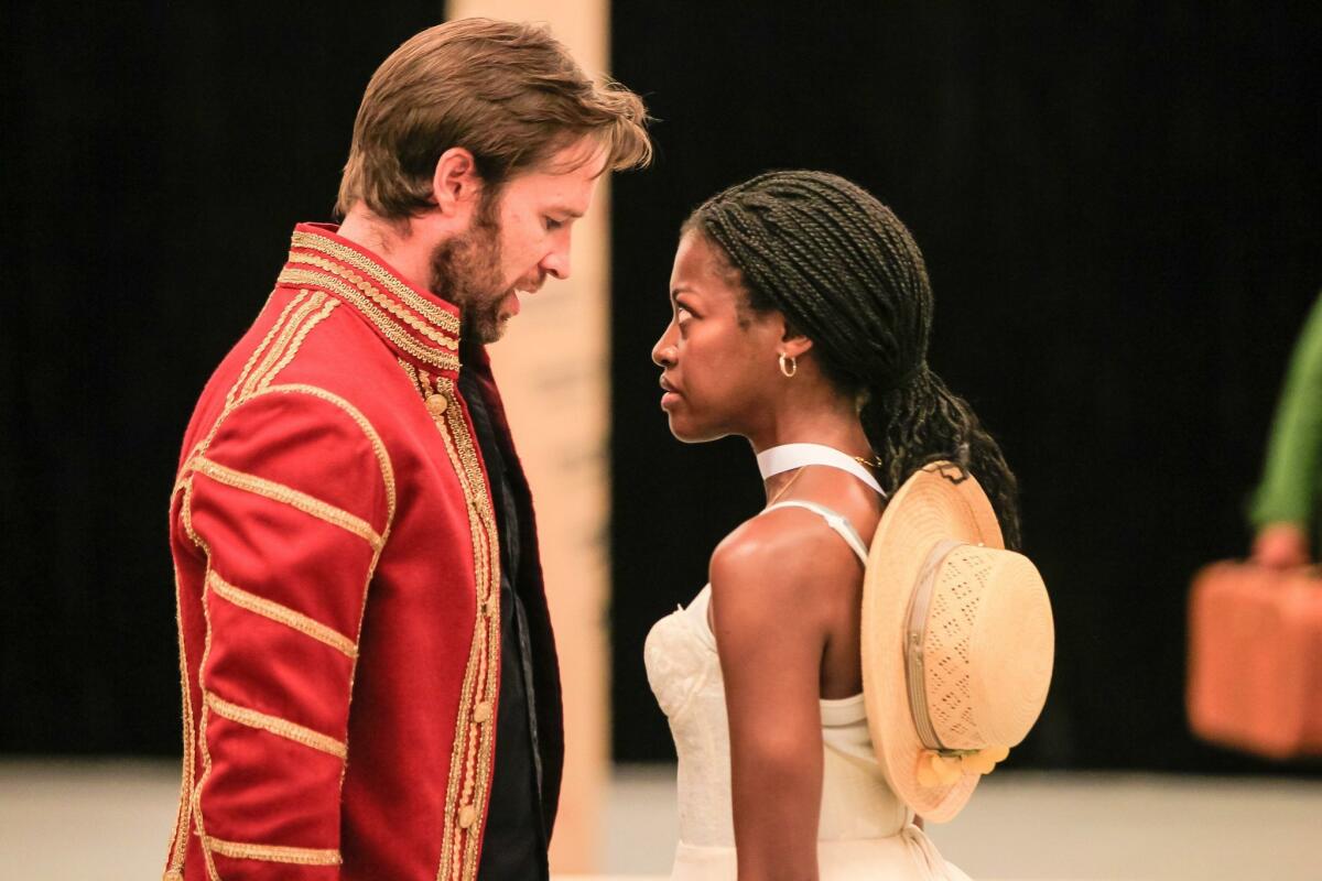 Kieran Campion as Berowne and Pascale Armand as Rosaline rehearse for the Globe production of “Love's Labor's Lost.” — Eduardo Contreras