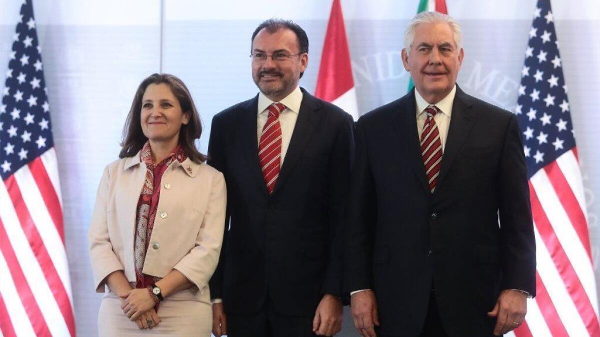 Secretary of State Rex Tillerson poses with Chrystia Freeland, Canada's Minister of Foreign Affairs, and Luis Videgaray, Mexico's Secretary of Foreign Affairs, at Mexico's ministry during their talks about hemispheric issues on Friday in Mexico City.