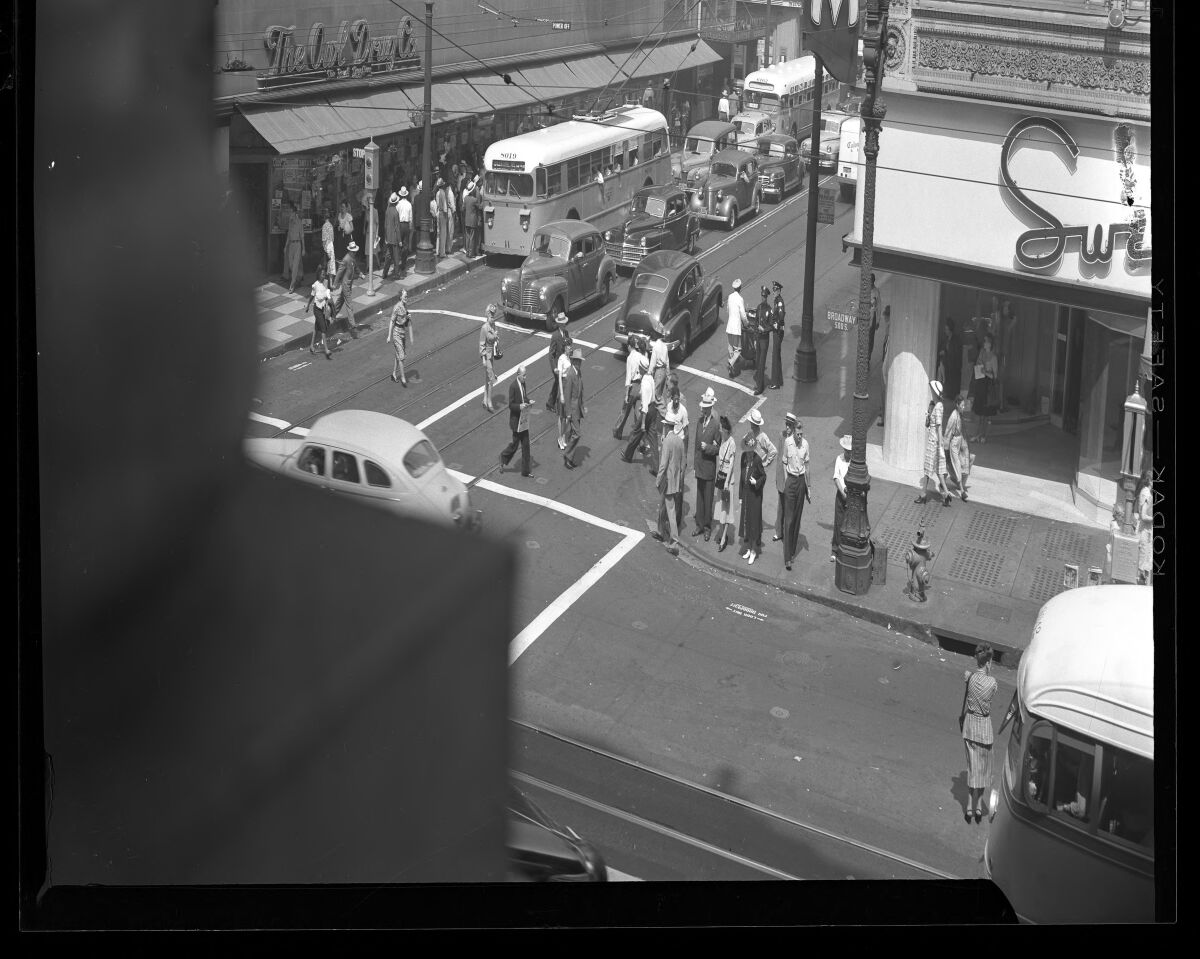 Aug. 4, 1947: New trackless trolleys were put to the test at corner of Sixth Street and Broadway in downtown Los Angeles.