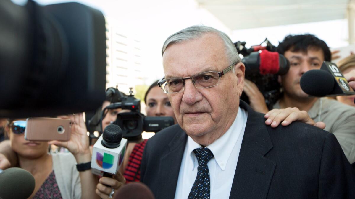 Former Arizona Sheriff Joe Arpaio, seen in a file photograph, faces a malicious-prosecution lawsuit by one of Sen. Jeff Flake's sons.