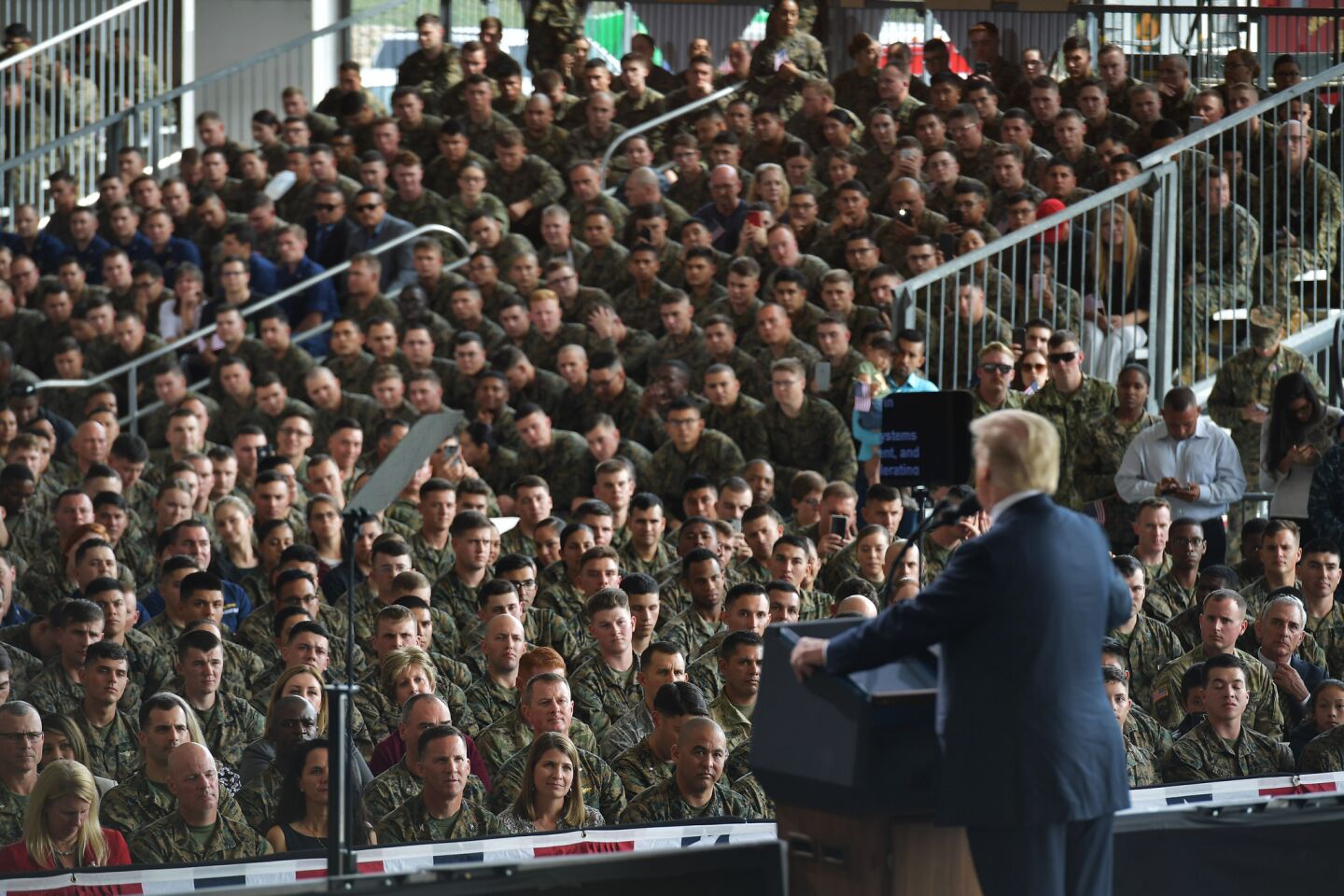 President Donald Trump speaks to military personnel at Marine Corps Air Station Miramar in San Diego.