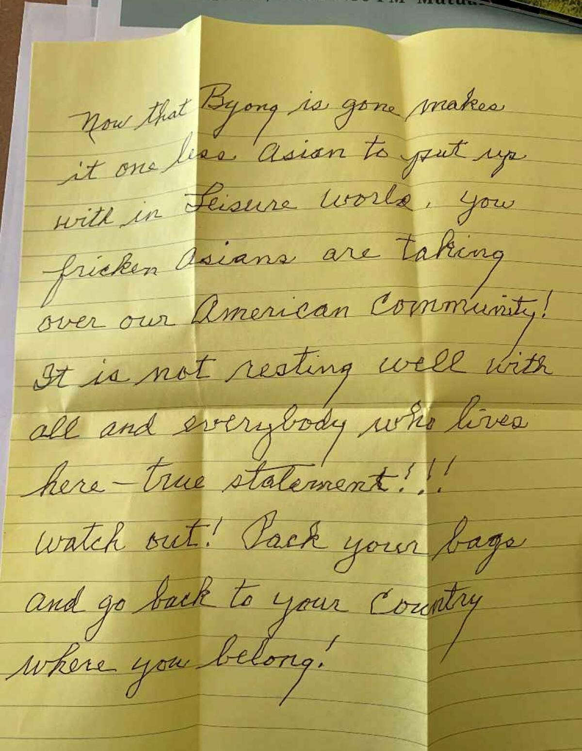 A handwritten letter with racist statements  