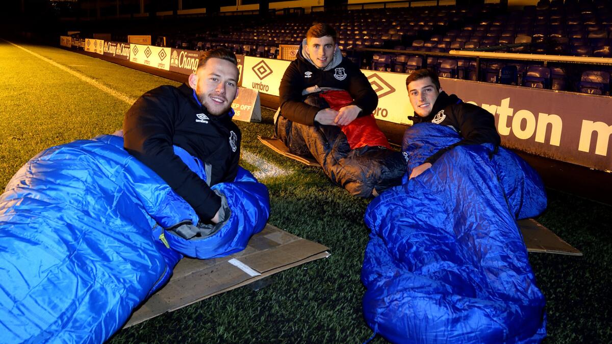 Preparing for the Everton in the Community Sleepover Event at Goodison Park are, from left, Gethin Jones, Jonjoe Kenny and Conor Grant from Everton Football Club.