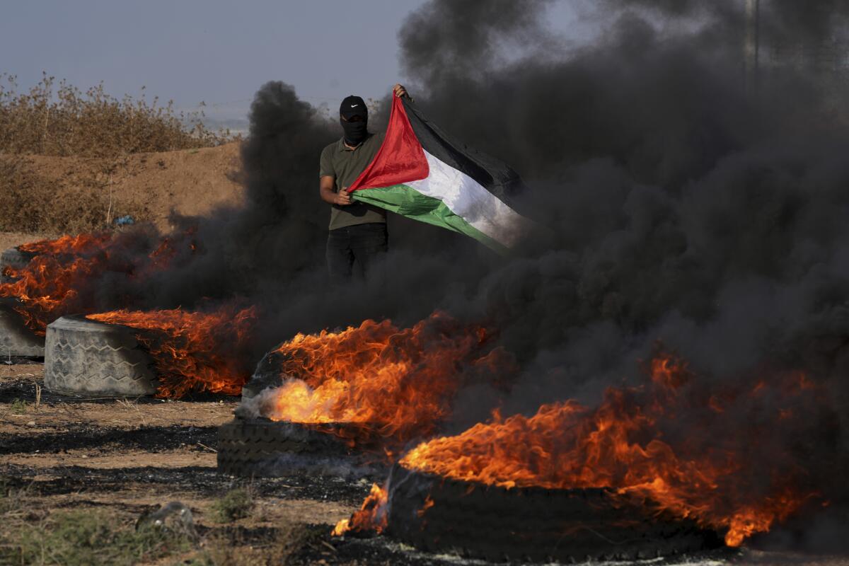 Masked protester waving Palestinian flag next to burning tires