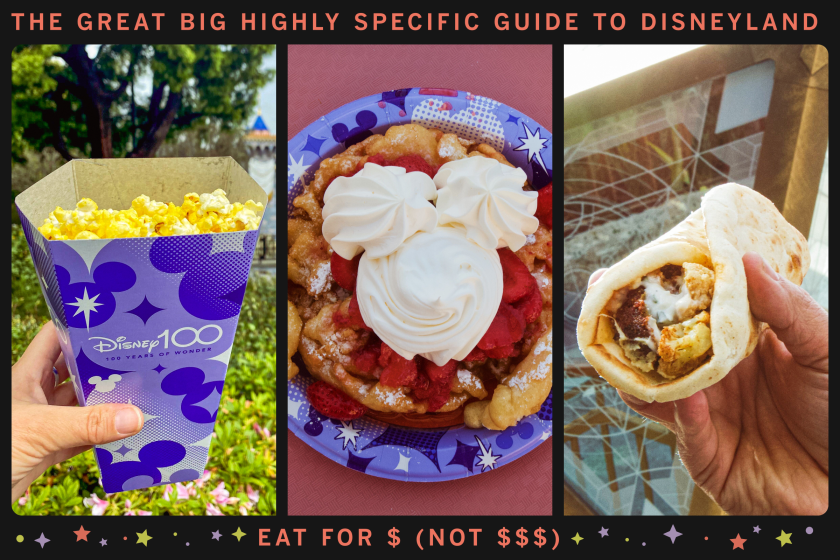 A framed triptych of 3 affordable dishes: a carton on popcorn, a plate of funnel cake, and a wrap