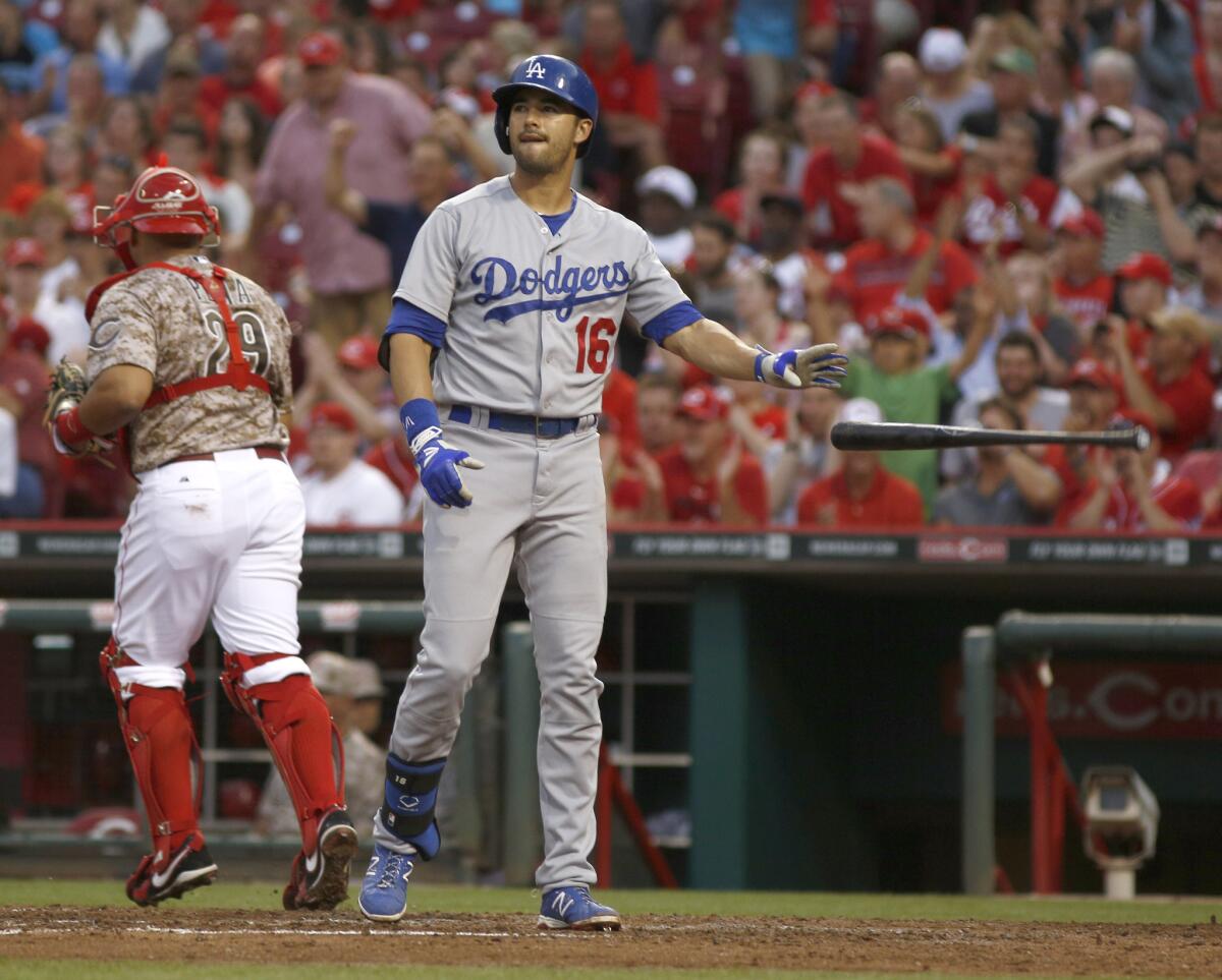 Andre Ethier throws his bat after striking out against Cincinnati on June 11.