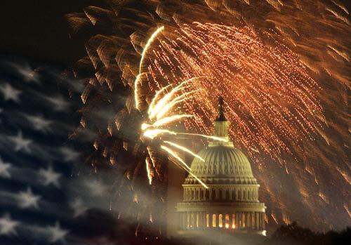 Ethereal stars from a U.S. flag set an appropriate July 4 mood as the U.S. Capitol and a barely visible Washington Monument are illuminated by fireworks Wednesday in Washington, D.C.