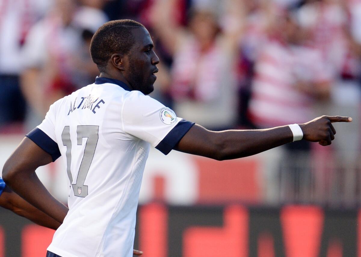 Jozy Altidore celebrates after scoring the only goal in the U.S. soccer team's 1-0 victory over Honduras on June 18.