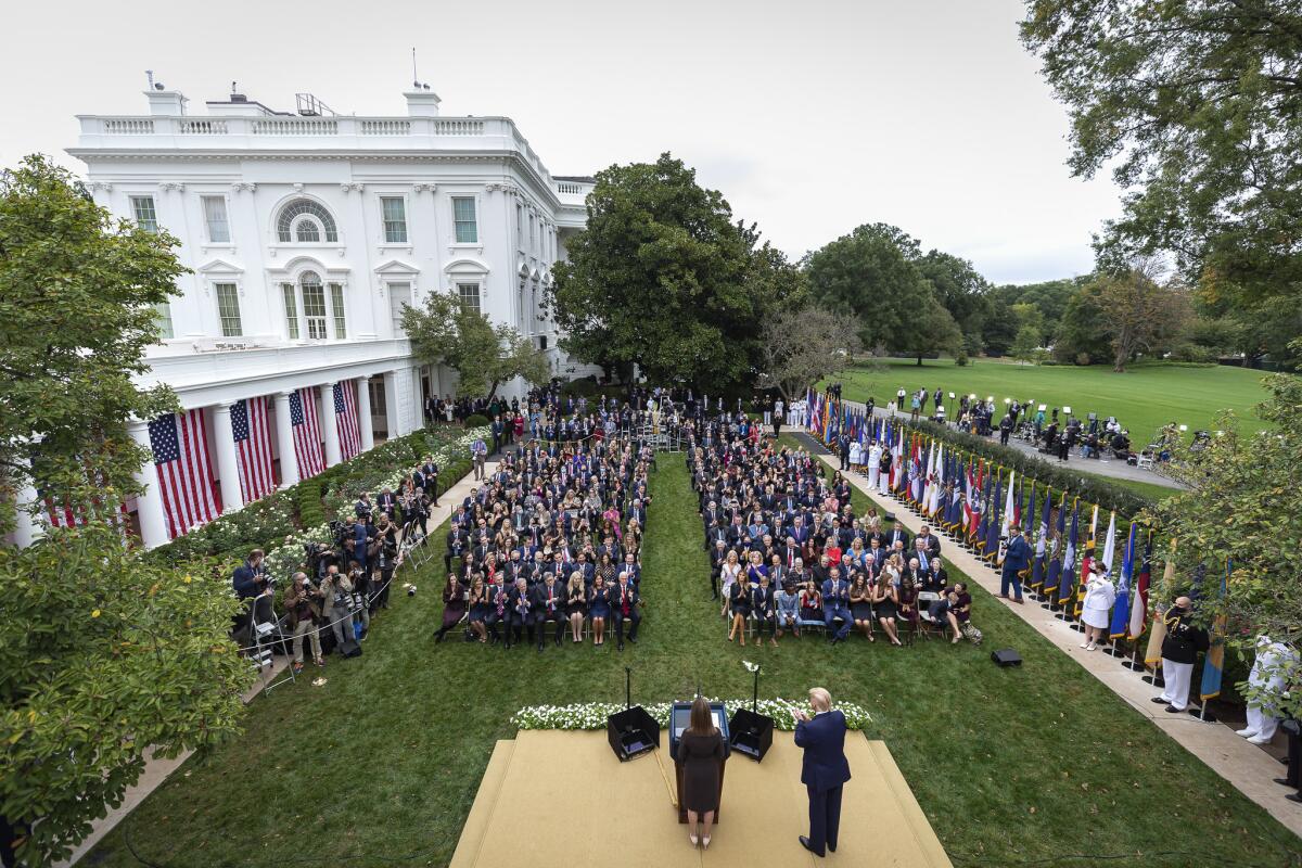 An overhead view of the large crowd at the Rose Garden to hear Judge Amy Coney Barrett