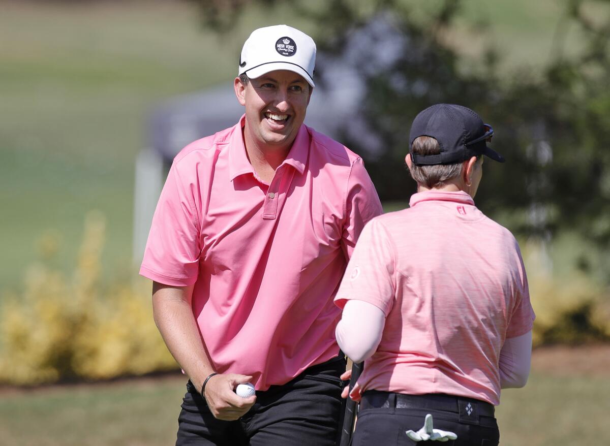 Ryan Knapp from Mesa Verde Country Club smiles after sinking a long putt on Thursday.