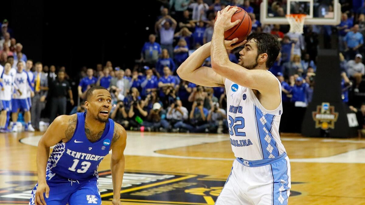 North Carolina's Luke Maye shoots the game-winning basket against Kentucky during the South Regional final on March 26.
