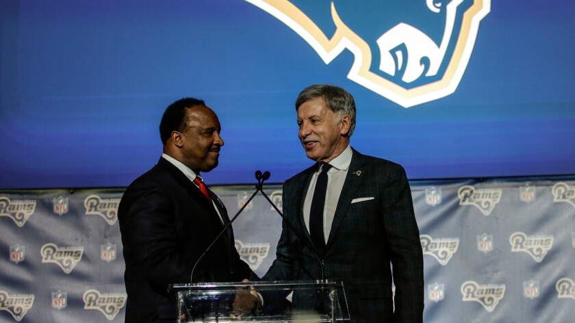Inglewood Mayor James Butts, left, greets Rams owner Stan Kroenke at a news conference in January at the Forum welcoming the team back to Los Angeles.