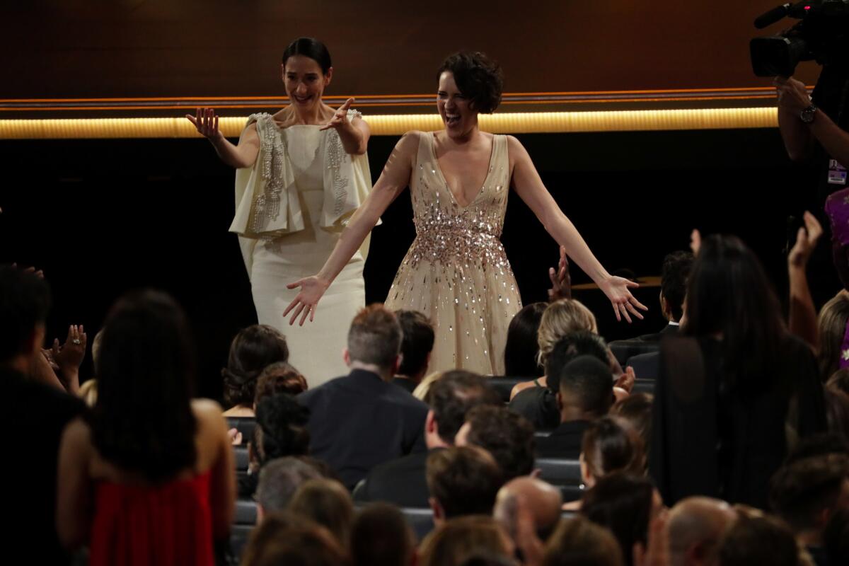 "Fleabag" creator and star Phoebe Waller-Bridge, right, with co-star Sian Clifford at the Emmys.