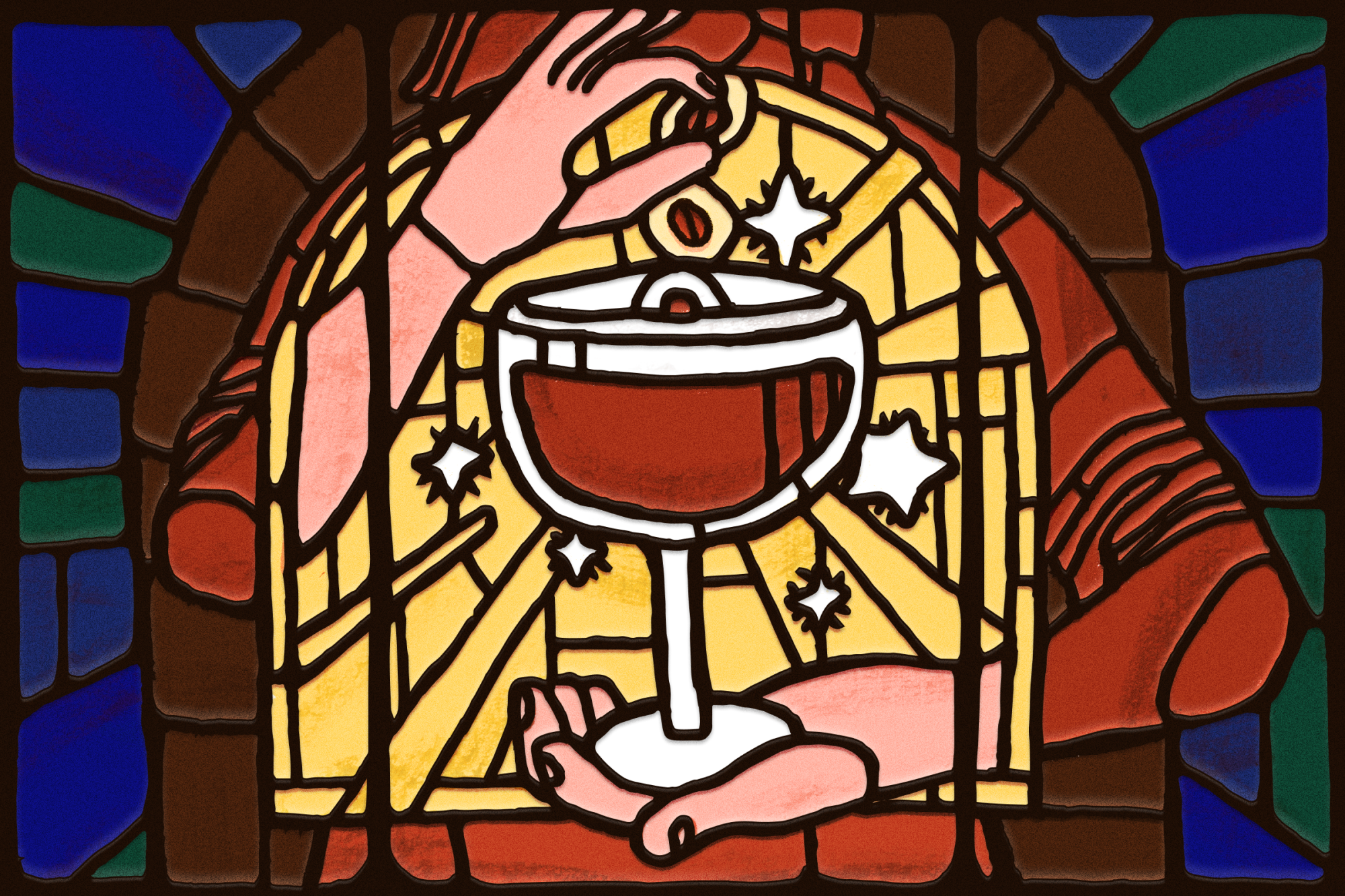 An illustration in stained-glass style of an espresso martini