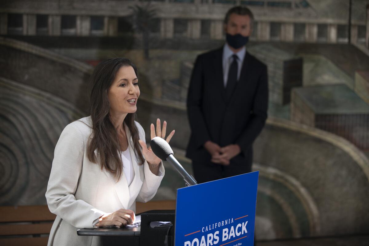 Oakland Mayor Libby Schaaf speaks during a press conference with Gov. Gavin Newsom at The Unity Council in Oakland to announce additional rent relief on May 10, 2021. Photo by Anne Wernikoff, CalMatters
