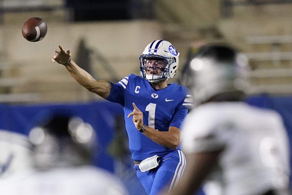 BYU quarterback Zach Wilson throws a pass against Troy during the second half of an NCAA college football game Saturday, Sept. 26, 2020, in Provo, Utah. (AP Photo/Rick Bowmer, Pool)