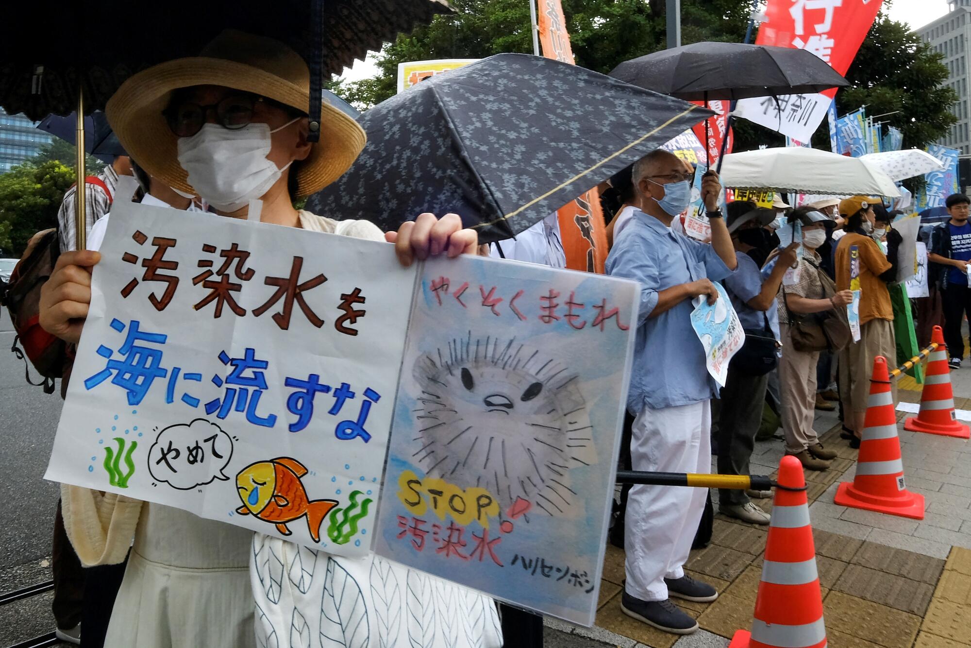 A protester holds signs with a weeping fish and a pufferfish saying "Stop!"