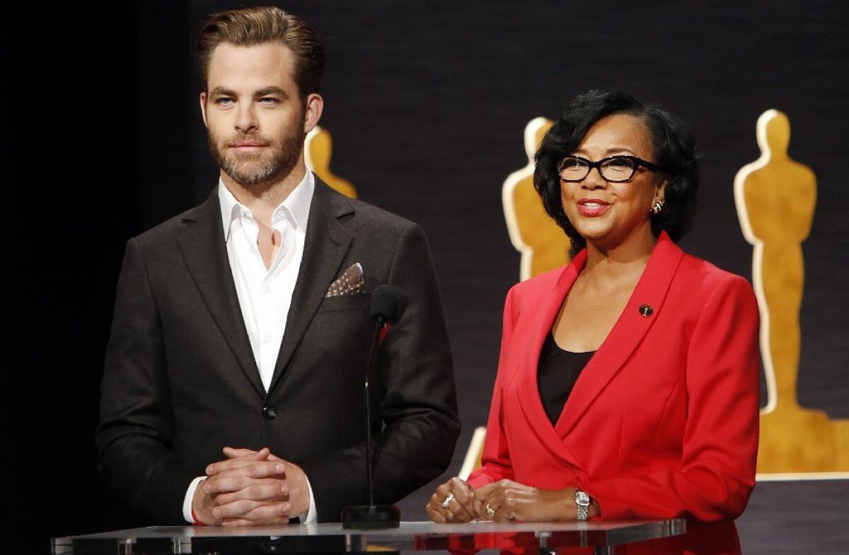 Actor Chris Pine and Academy President Cheryl Boone Isaacs announce the Oscar nominations from Beverly Hills on Thursday, January 15, 2015.