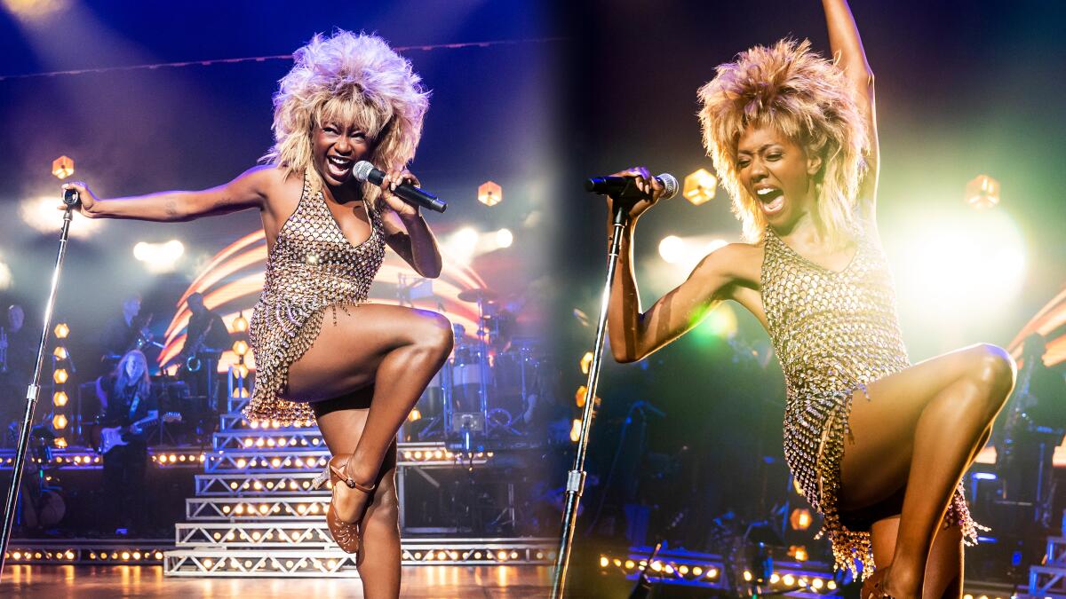 Side-by-side images of two actresses, each playing Tina Turner onstage.