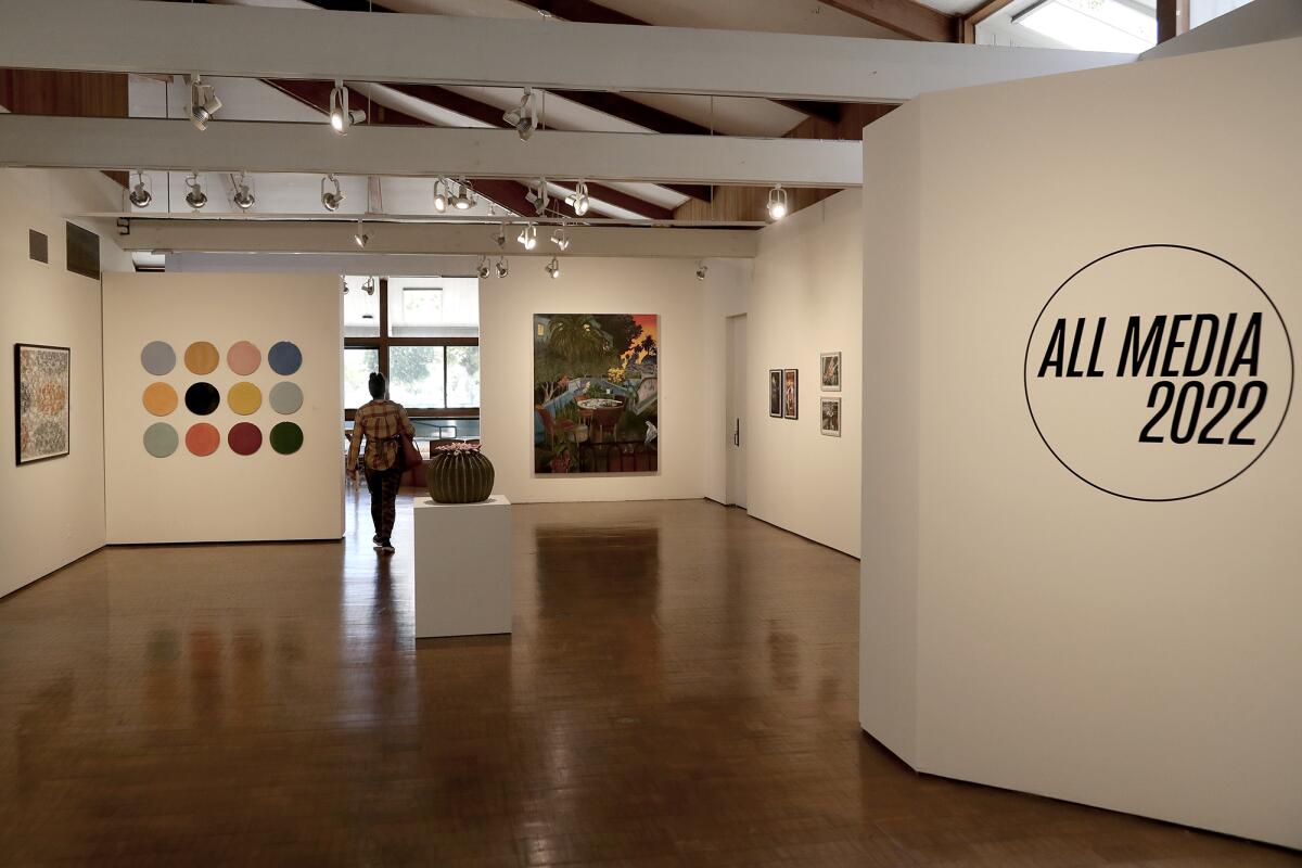 The "All Media" exhibition features artwork from 56 Southern California artists at Irvine Fine Arts Center.