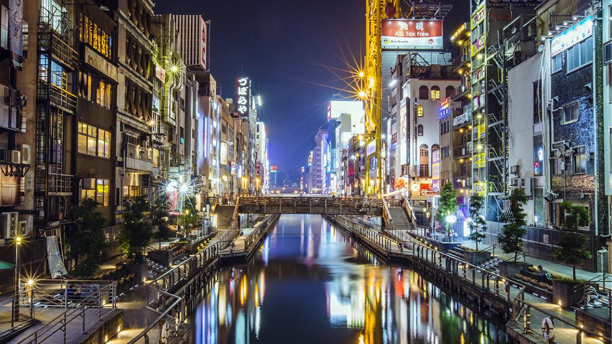 Dotonbori canal at night, in Osaka, Japan. Round-trip airfare to the city of 2.7 million is $525 on Air China from LAX.