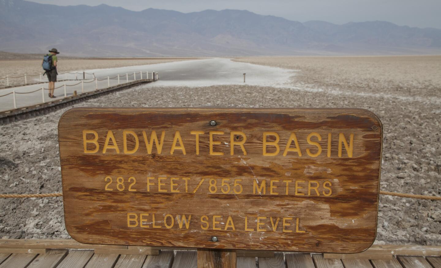 The lowest point in North America, 288 feet below sea level. When you are standing in the basin, you can look up and see this sign high above in the surrounding rocky cliffs.