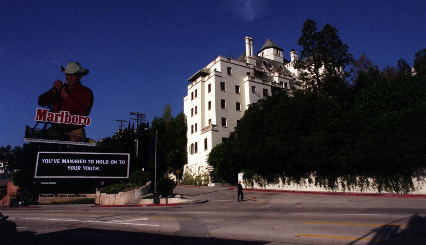 The Chateau Marmont next to the Marlboro billboard on Sunset Boulevard in West Hollywood.