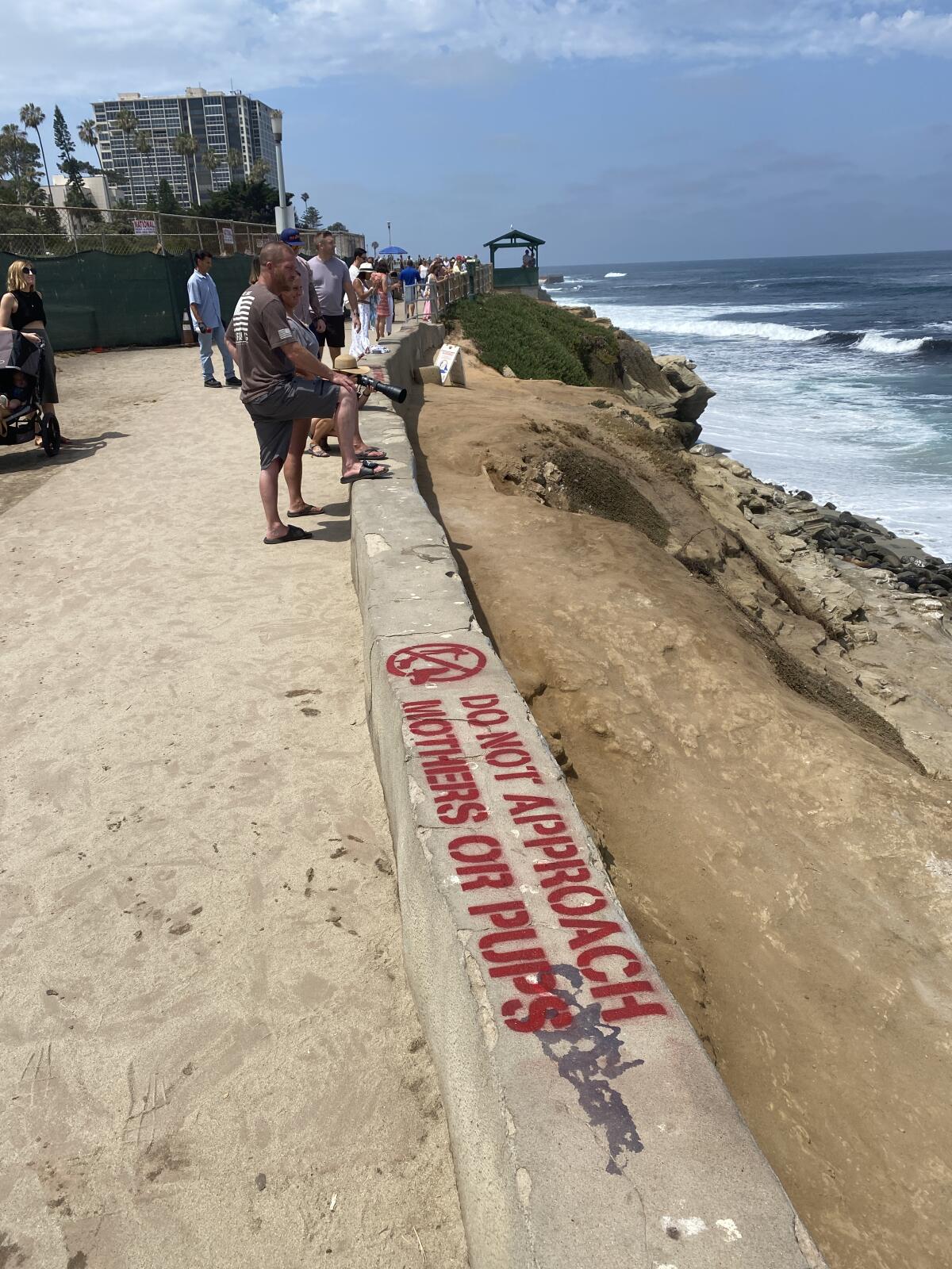 Stenciling on the short wall above Point La Jolla directs visitors not to approach sea lion mothers or pups.