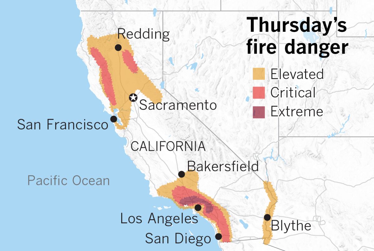 Thursday's fire danger forecast for California