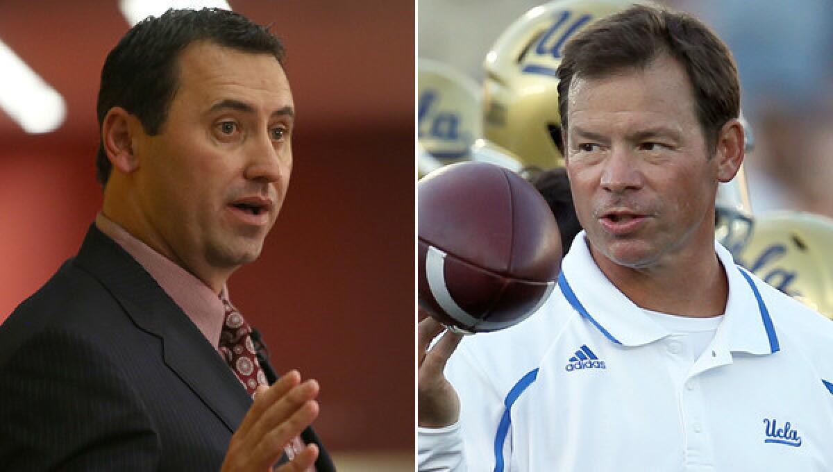 USC Coach Steve Sarkisian, left, and UCLA Coach Jim Mora are rebuilding football programs by trying to change the culture surrounding the team.