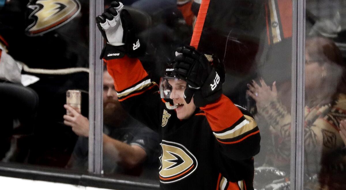 Ducks right wing Jakob Silfverberg celebrates after scoring what proved to be the game-winning goal against the Panthers during the third period Sunday.