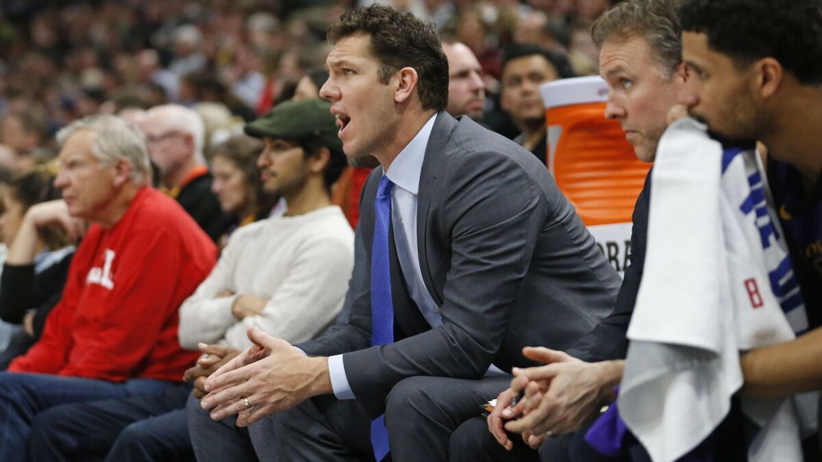 Lakers head coach Luke Walton looks on during the second half against the Utah Jazz on Friday.