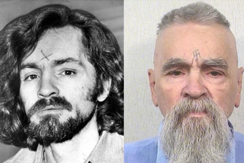 Left: Aug. 12, 1970: Charles Manson on way to court for morning session. Photo by John Malmin/Los Angeles Times. Right: A 2014 photo from the California Department of Corrections and Rehabilitation.