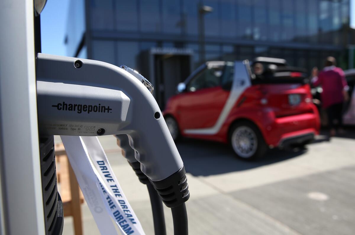 A ChargePoint electric vehicle charger in San Francisco in 2013.