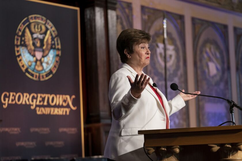 International Monetary Fund Managing Director Kristalina Georgieva speaks on the global economic outlook and key issues to be addressed at this month's IMF and World Bank Annual Meetings, at Georgetown University in Washington, Thursday, Oct. 6, 2022. (AP Photo/J. Scott Applewhite)