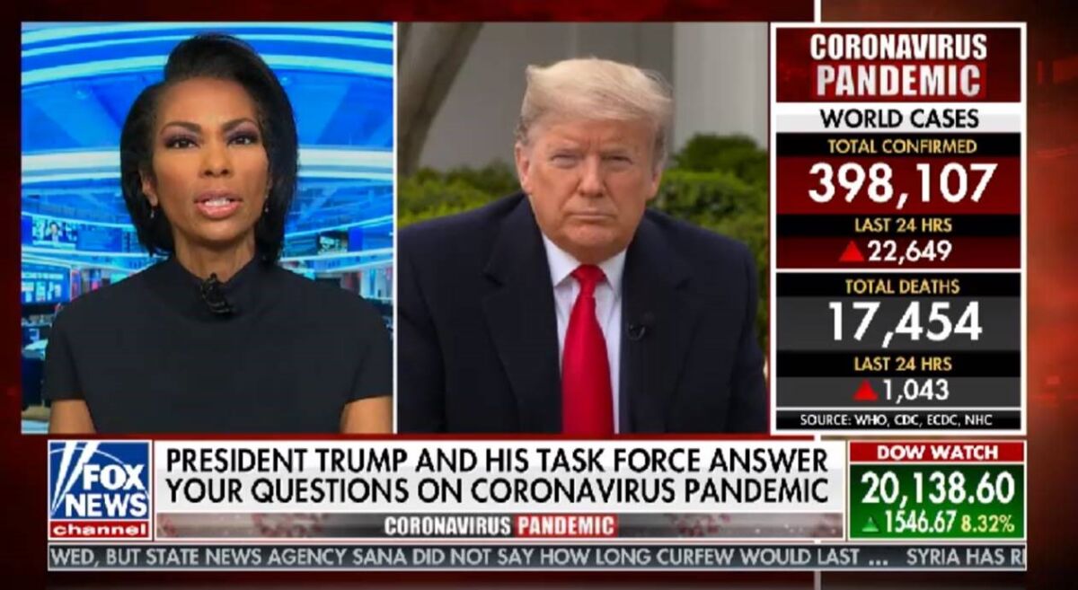Fox News anchor Harris Faulkner questions President Trump during a program on the COVID-19 pandemic.