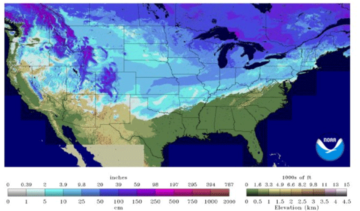 A NOAA chart shows the breadth and depth of snow across the U.S. on Feb. 5, 2014.