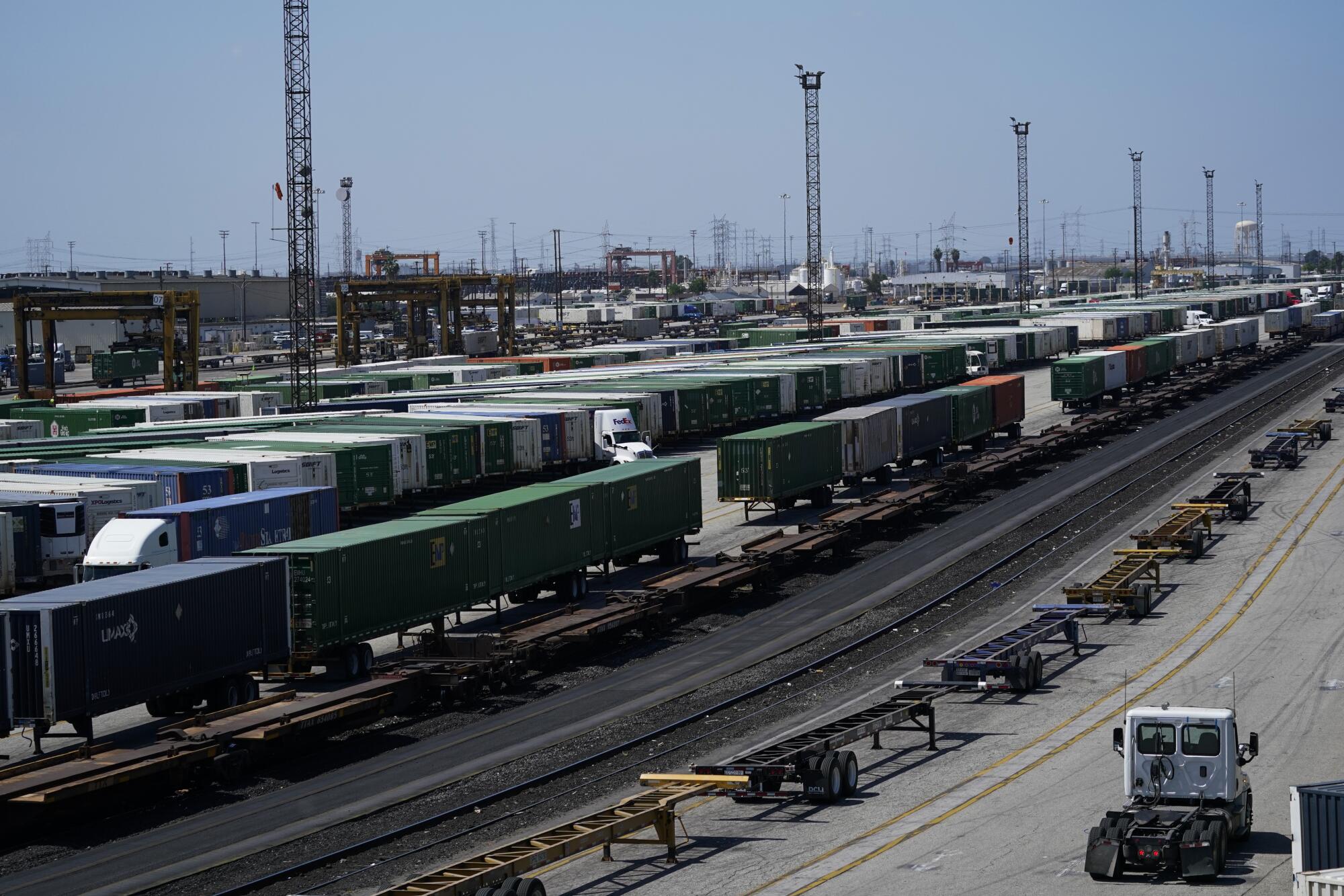 Freight train cars sit in a Union Pacific rail yard in City of Commerce.