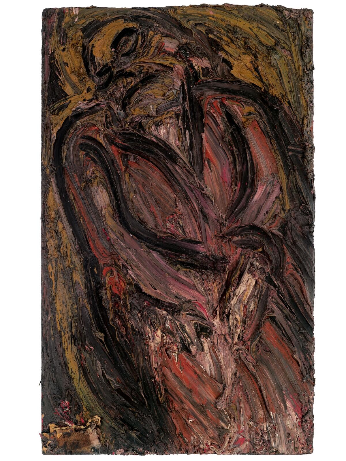 A painting of a human figure depicted with thick, multicolored strokes.
