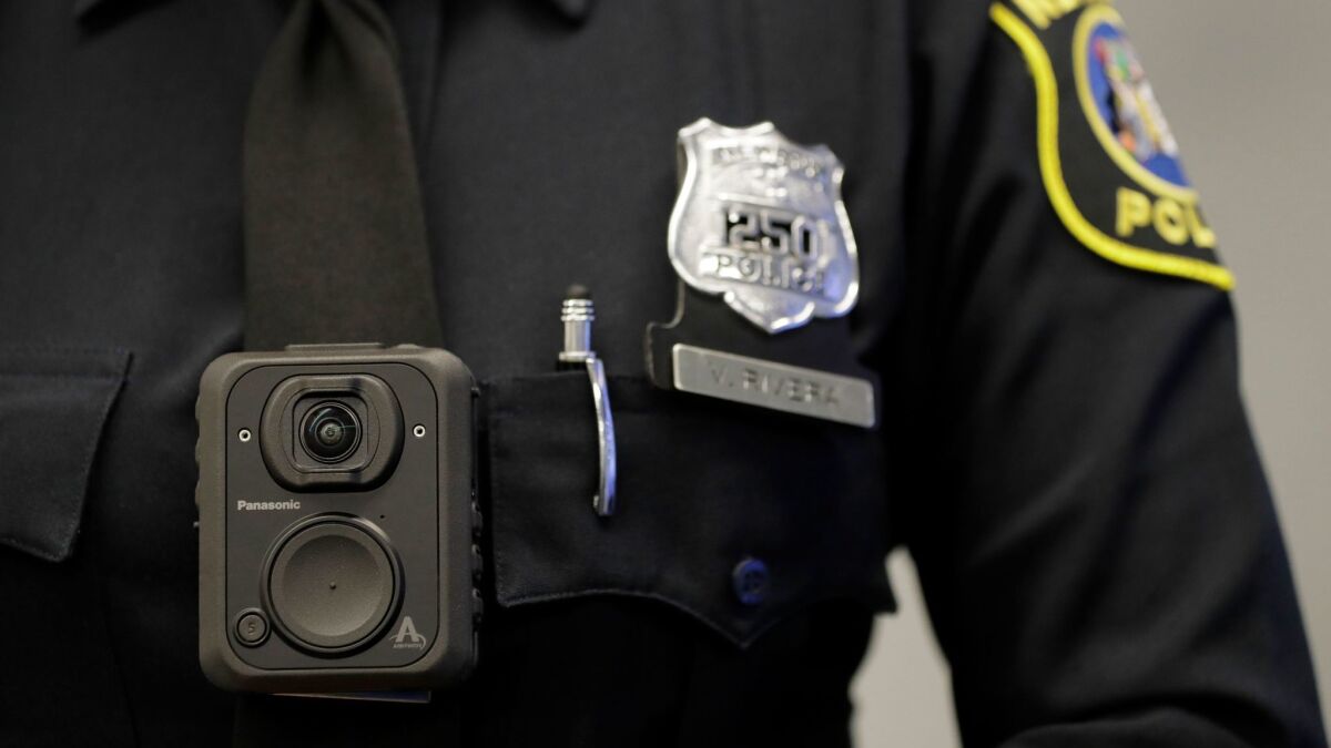 An officer with the Newark Police Department wears a body camera during a media event on April 26, 2017, in Newark, N.J.