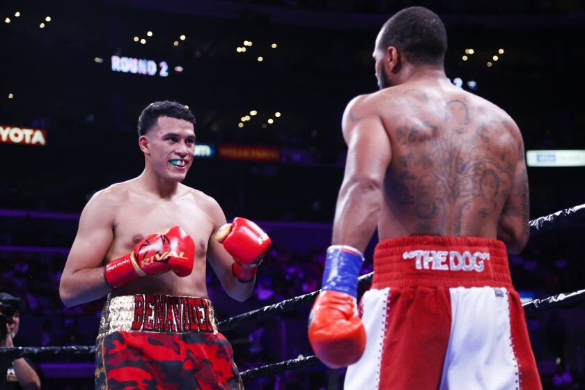 Anthony Dirrell fights against David Benavidez during the WBC World Super Middleweight Championship boxing match Saturday, Sept. 28, 2019, in Los Angeles. (AP Photo/Ringo H.W. Chiu)
