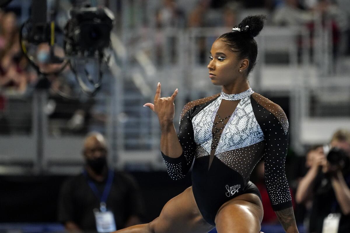 Jordan Chiles competes in the floor exercise during the U.S. Gymnastics Championships.