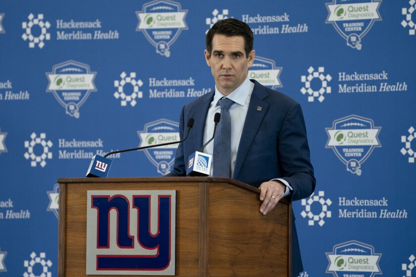 New York Giants new general manager Joe Schoen speaks during a news conference at the NFL football team's training facility, Wednesday, Jan. 26, 2022, in East Rutherford, N.Y. (AP Photo/John Minchillo)
