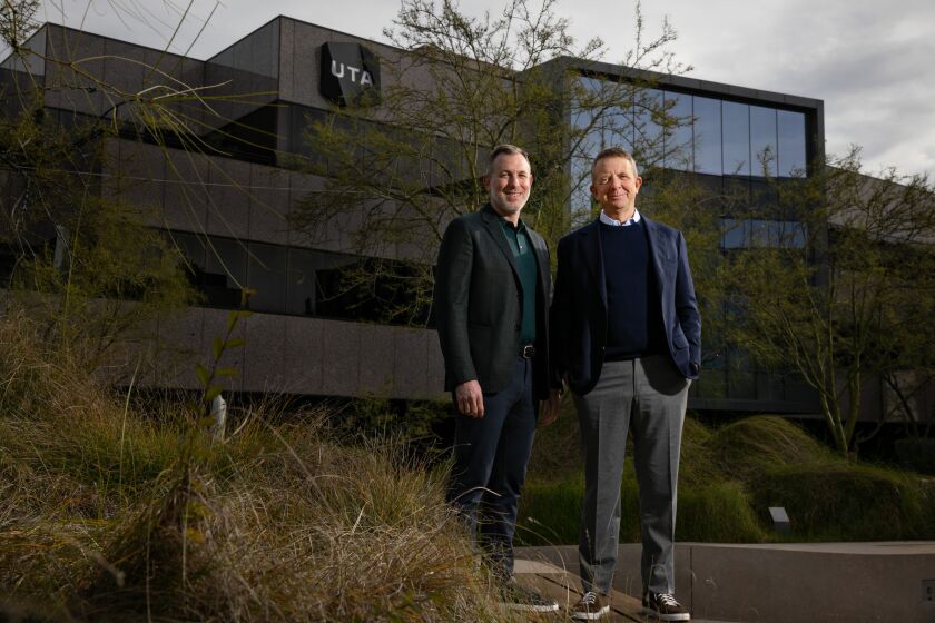 BEVERLY HILLS, CA - JANUARY 12: United Talent Agency CEO Jeremy Zimmer (right) and President David Kramer pose for a portrait outside of Hollywood's third largest agency on Thursday, Jan. 12, 2023 in Beverly Hills, CA. (Jason Armond / Los Angeles Times)