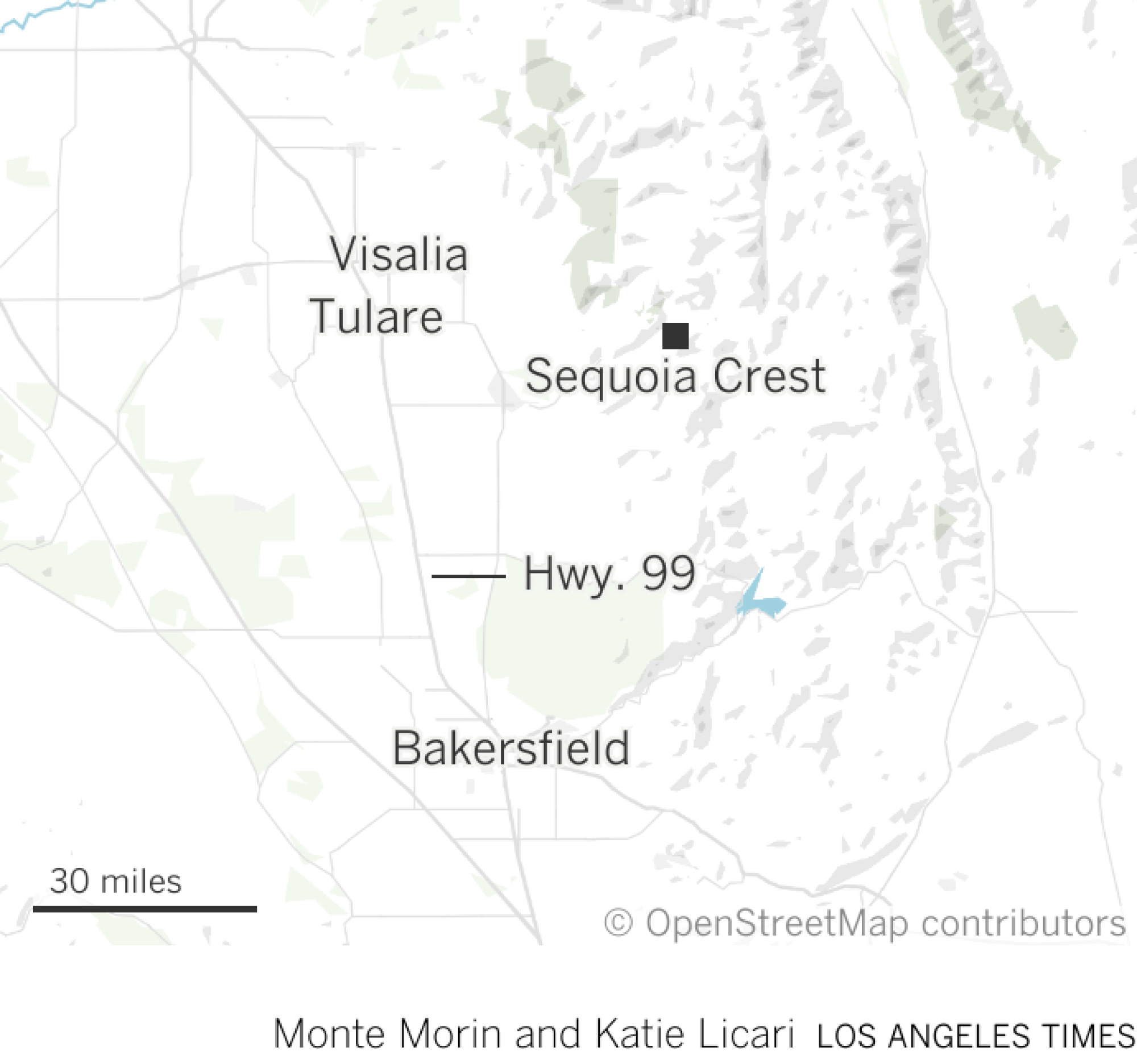 This is a location map which shows the location of Sequoia Crest located near and within Giant Sequoia National Monument in relation to the cities of  Tulare and Bakersfield. 