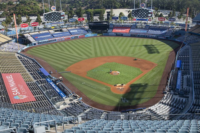 LOS ANGELES, CA - SEPTEMBER 24, 2020: Overall, shows the view of Dodger Stadium from the Top Deck section, where the Dodger Stadium Vote Center will be located. The vote center will be open for early voting for the general election, from October 30, 2020 to November 2, 2020, from 10am to 7pm and on Election Day from 7am to 8pm.. (Mel Melcon / Los Angeles Times)