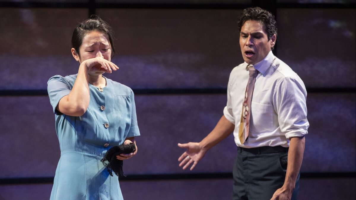 Melanie Arii Mah portrays Thelma Yamaguchi and Lakin Valdez is Benjamin Montaño in Luis Valdez's "Valley of the Heart" at the Mark Taper Forum.